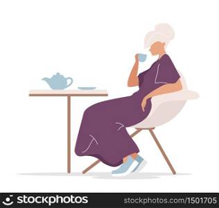 Woman drinking tea flat color vector faceless character. Girl in trendy clothes relaxing. Person in street cafe alone isolated cartoon illustration for web graphic design and animation. Woman drinking tea flat color vector faceless characters