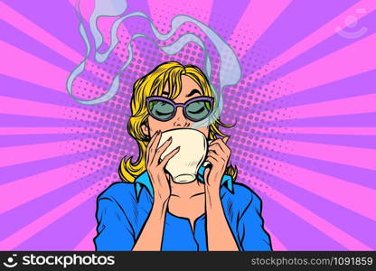 woman drinking tea or coffee. Pop art retro vector illustration kitsch vintage drawing. woman drinking tea or coffee