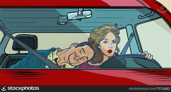 woman driver. couple in the car husband and wife. Pop art retro vector illustration drawing. background with highlights. woman driver. couple in the car husband and wife