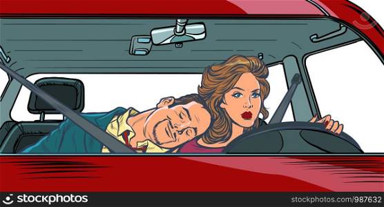 woman driver. couple in the car husband and wife. Pop art retro vector illustration drawing. woman driver. couple in the car husband and wife