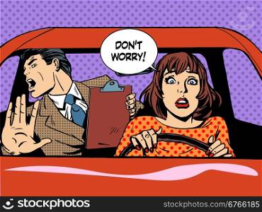 woman driver driving school panic calm. woman driver driving school panic calm retro style pop art. Car and transport