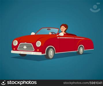 Woman Driver Illustration . Woman driver with red cabriolet on blue background cartoon vector illustration