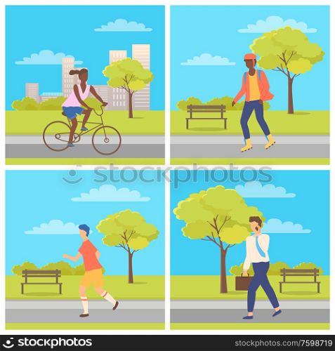 Woman driving on bicycle, person on roller-skates, worker in suit going with phone, running human, sport activity and leisure in urban park vector. Man and Woman Driving or Going in Park Vector