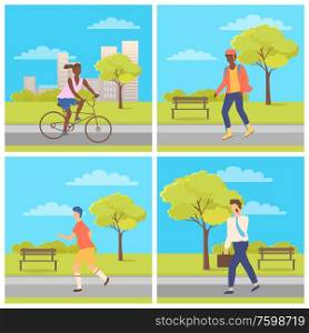 Woman driving on bicycle, person on roller-skates, worker in suit going with phone, running human, sport activity and leisure in urban park vector. Man and Woman Driving or Going in Park Vector