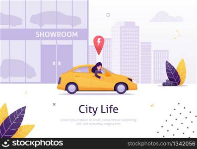 Woman Driving Rented or New Car from Showroom Banner Vector Illustration. Cityscape with High Buildings on Background. Shop with Modern Vehicles. Character Looking out of Transport.. Woman Driving Rented or New Car from Showroom.
