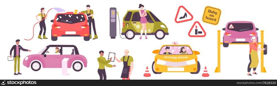 Woman driving set of isolated icons and flat images of car service wash and female drivers vector illustration