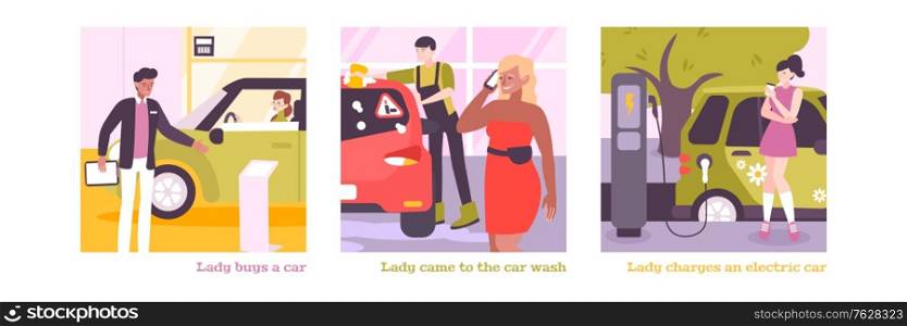 Woman driving square compositions set with text captions and outdoor scenes with female drivers and cars vector illustration