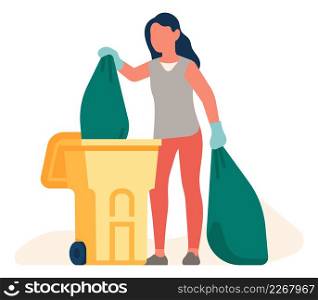 Woman drop plastic trash bag in garbage can isolated on white background. Woman drop plastic trash bag in garbage can