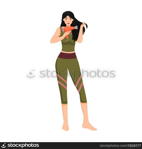 Woman drying hair flat color vector faceless character. Girl with electric hairdryer making hairdo isolated cartoon illustration for web graphic design and animation. Female haircare