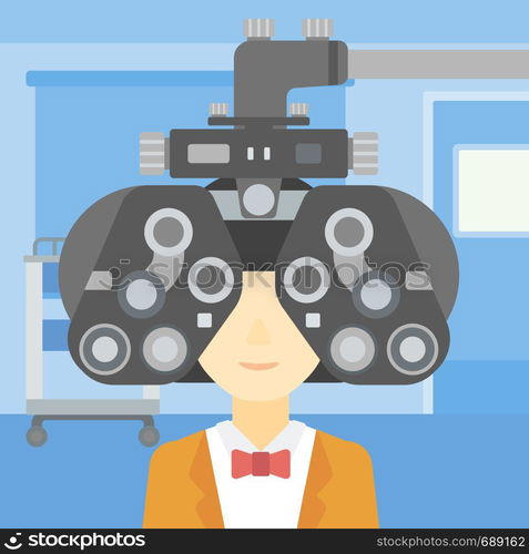 Woman during an eye examination. Woman visiting optometrist at the medical office. Woman undergoing medical examination at the oculist. Vector flat design illustration. Square layout.. Patient during eye examination vector illustration