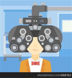 Woman during an eye examination. Woman visiting optometrist at the medical office. Woman undergoing medical examination at the oculist. Vector flat design illustration. Square layout.. Patient during eye examination vector illustration
