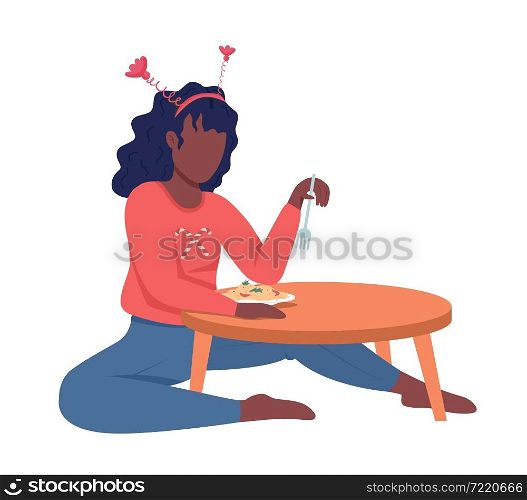 Woman eat at Christmas semi flat color vector character. Sitting figure. Full body person on white. Festive dinner isolated modern cartoon style illustration for graphic design and animation. Woman eat at Christmas semi flat color vector character