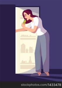 Woman eating at night semi flat RGB color vector illustration. Stressed girl having snack isolated cartoon character on dark background. Emotional eating, insomnia, problem with sleep. Woman eating at night semi flat RGB color vector illustration