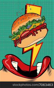 Woman eating Burger. Pop art style. Female mouth. Comic cartoon pop art retro vector illustration drawing. Woman eating Burger. Pop art style. Female mouth