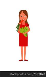 Woman eating carrot and broccoli, good habits and lifestyle, female wearing red dress and keep diet, vector illustration isolated on white background. Woman Eating Carrot Broccoli Vector Illustration