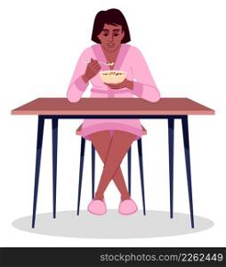 Woman eating flakes with milk semi flat RGB color vector illustration. Sitting figure. Morning breakfast. Healthy appetite. Person eating out alone isolated cartoon character on white background. Woman eating flakes with milk semi flat RGB color vector illustration