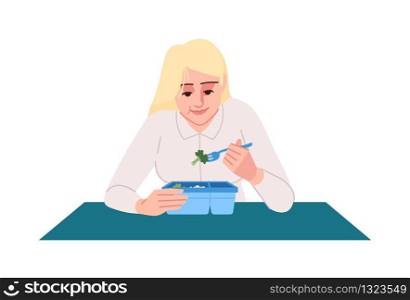 Woman eating from lunchbox semi flat RGB color vector illustration. Office worker at lunch break. Young caucasian girl enjoying healthy food isolated cartoon character on white background