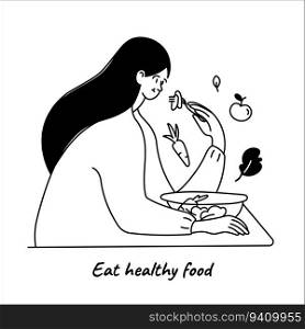 Woman eating healthy vegan food from bowl of salad, fruits and vegetables. Healthy Lifestyle weight control concept. Black and white line vector illustration on white background.