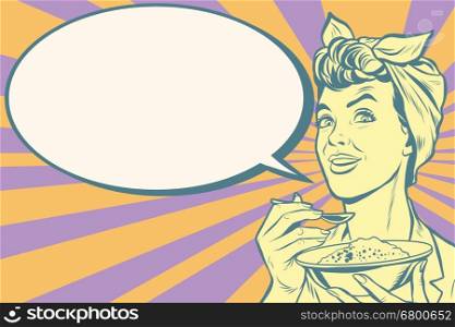 Woman eating morning porridge, pop art retro vector illustration. Tasty and healthy food