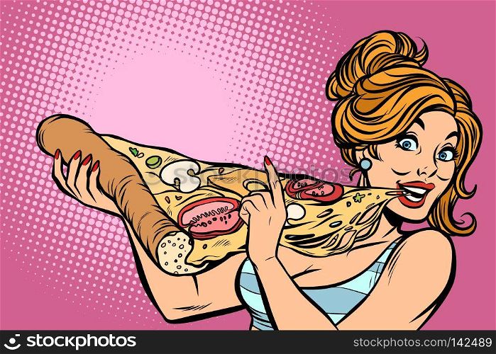 Woman eating pizza. Comic cartoon pop art retro vector illustration drawing. Woman eating pizza
