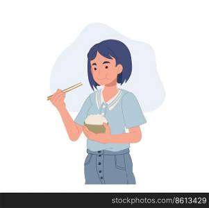 woman eating rice with chopstick. Vector illustration