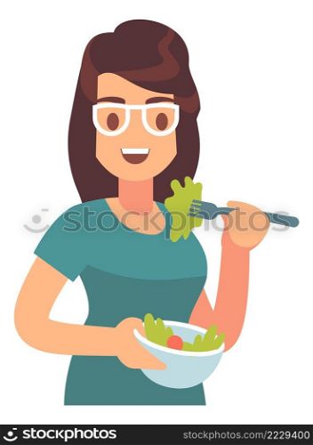 Woman eating salad. Fresh food with vitamins. Diet nutrition isolated on white background. Woman eating salad. Fresh food with vitamins. Diet nutrition