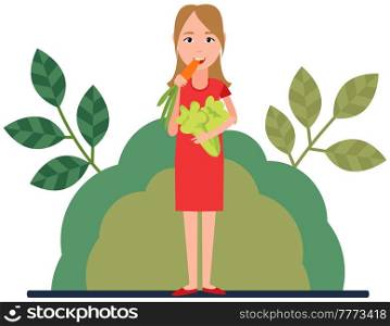 Woman eating vegetables. Poster with female character with carrot and celery. Promotion of eating products of plant origin. Girl eats organic natural plant-based fresh food. Vegetarian with vegetables. Girl eats organic natural plant-based fresh food. Female vegetarian with carrot and celery