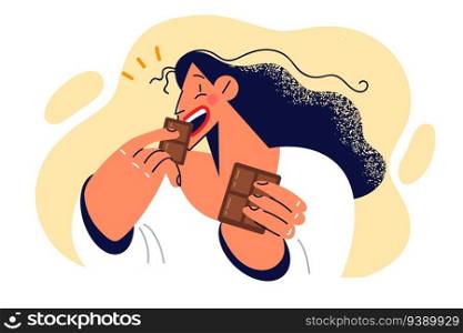 Woman eats dark chocolate enjoying sweet milk dessert that causes surge energy and positive emotions. Happy girl having breakfast with natural chocolate from cocoa babs for sweets addiction concept. Woman eats dark chocolate enjoying sweet milk dessert that causes surge energy and positive emotions
