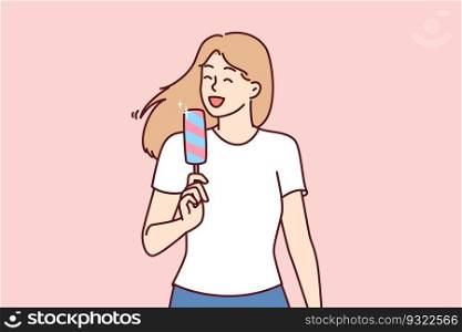 Woman eats ice cream to cool off in hot summer weather and enjoy cold sweet dessert. Young girl in casual clothes holds ice cream and smiles enjoying treat that relieves thirst and hunger.. Woman eats ice cream to cool off in hot summer weather and enjoy cold sweet dessert