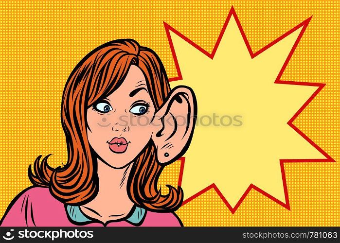 woman eavesdropping, gossip secrets and rumors. Comic cartoon pop art retro illustration drawing. woman eavesdropping, gossip secrets and rumors