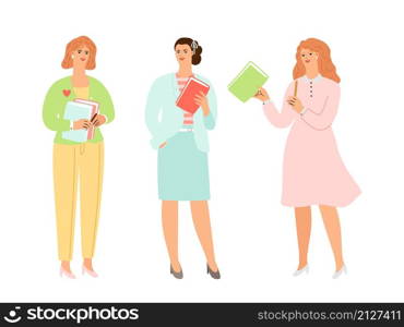 Woman education. Female characters holding books. Lady in elegant suits learning or teaching vector set. Female characters holding books