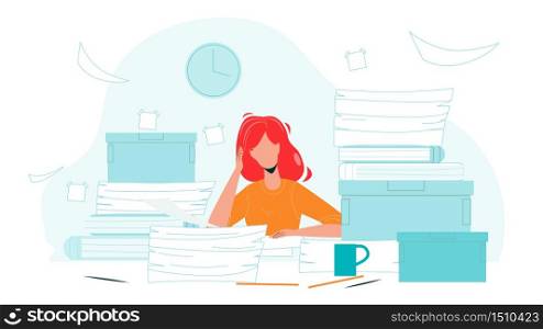 Woman Employee Clutter Office Workplace Vector. Girl Holding Head Sitting At Clutter Working Table With Paper Pile. Character Businesswoman Worker, Missing Deadlines Flat Cartoon Illustration. Woman Employee Clutter Office Workplace Vector Illustration