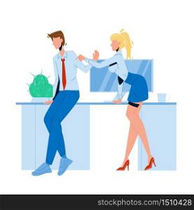 Woman Employee Harassment Man Colleague Vector. Young Girl Touching Sexual Harassment And Flirting With Boy. Character Businesswoman Sexually Harassing Businessman Flat Cartoon Illustration. Woman Employee Harassment Man Colleague Vector Illustration