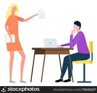 Woman employee working with laptop, manager holding documents. Teamwork strategy, business collaboration, communication with computer, professional vector. Women Workers, Professional Collaboration Vector