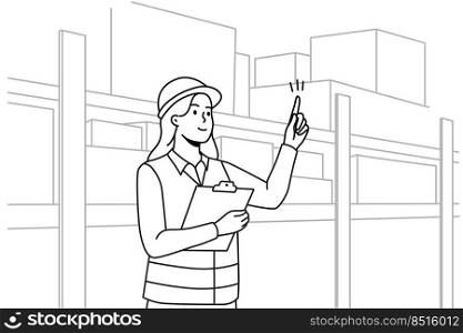 Woman engineer in uniform working at warehouse. Female employee in helmet busy at depot or storehouse. Vector illustration. . Woman in uniform working at warehouse 