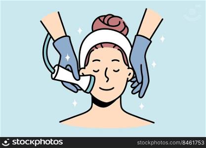 Woman enjoy face skin treatment in saloon. Happy calm female client having microdermabrasion peeling in spa. Skincare routine. Vector illustration.. Woman enjoy face care treatment in salon