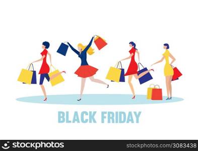 woman enjoy in the online store on black Friday . flat design style. vector illustration.