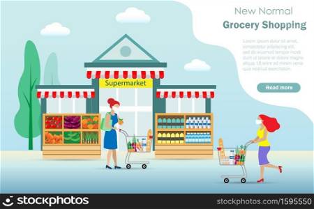 Woman enjoy shopping with shopping cart full of grocery foods Idea for supermarket, retail store  and delivery concept.