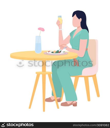 Woman enjoying carbonated cocktail and dinner semi flat color vector character. Sitting figure. Full body person on white. Simple cartoon style illustration for web graphic design and animation. Woman enjoying carbonated cocktail and dinner semi flat color vector character