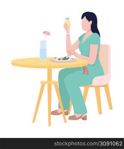 Woman enjoying carbonated cocktail and dinner semi flat color vector character. Sitting figure. Full body person on white. Simple cartoon style illustration for web graphic design and animation. Woman enjoying carbonated cocktail and dinner semi flat color vector character