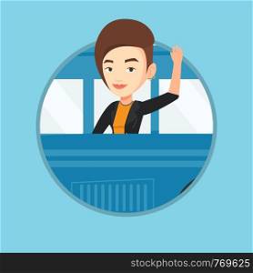 Woman enjoying her trip by bus. Happy passenger waving hand from bus window. Tourist peeking out of bus window and waving hand. Vector flat design illustration in the circle isolated on background.. Woman waving hand from bus window.
