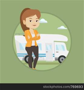 Woman enjoying her vacation in motor home. Woman standing with arms crossed in front of motor home. Woman traveling by motor home. Vector flat design illustration in the circle isolated on background.. Woman standing in front of motor home.