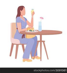 Woman enjoying sparkling juice drink and salad semi flat color vector character. Sitting figure. Full body person on white. Simple cartoon style illustration for web graphic design and animation. Woman enjoying sparkling juice drink and salad semi flat color vector character