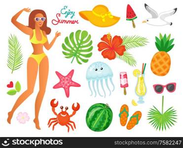Woman enjoying summer vector, hat accessory. Watermelon and palm monstera leaves. Seagull bird and starfish, flip flops, crab and ice cream dessert. Enjoy Summer Woman and Summertime Elements Set