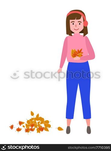 Woman enjoying with falling leaves vector illustration. Autumn scenery and activity. Girl isolated on white background. Female character in warm clothes picking leaves during the cool season. Woman enjoying with falling leaves. Autumn scenery and activity. Girl isolated on white background