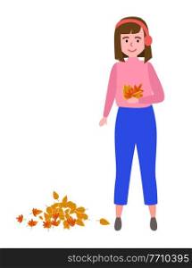 Woman enjoying with falling leaves vector illustration. Autumn scenery and activity. Girl isolated on white background. Female character in warm clothes picking leaves during the cool season. Woman enjoying with falling leaves. Autumn scenery and activity. Girl isolated on white background