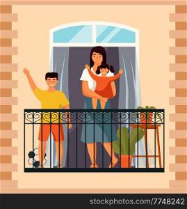 Woman enjoys clean air and view from the balcony. Mother stands with children and looks at passers-by. Citizens stay at home, daily life routine, hobby time relaxing. Family standing on the balcony. A woman enjoys the clean air and the view from the balcony. Mother stands with her children