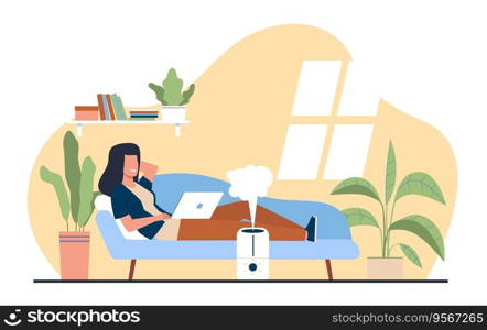 Woman enjoys fresh moist air in her home thanks to an ultrasonic humidifier. Living room interior with plants, girl working on laptop on sofa. Cartoon flat style isolated illustration. Vector concept. Woman enjoys fresh moist air in her home thanks to an ultrasonic humidifier. Living room interior with plants, girl working on laptop on sofa. Cartoon flat style isolated vector concept