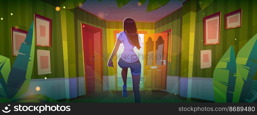 Woman escape home into open door with ocean view outside. Time to travel, freedom, adventure, end of pandemic, journey concept with running girl rear view at house interior Cartoon vector illustration. Woman escape home into open door with ocean view