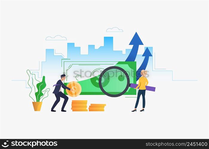 Woman examining banknote, man counting coins vector illustration. Auditor, financial planning, accounting. Banking concept. Design for website templates, posters, banners